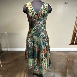 Dress Barn Asymmetrical V-Neck Dress in Green and Brown